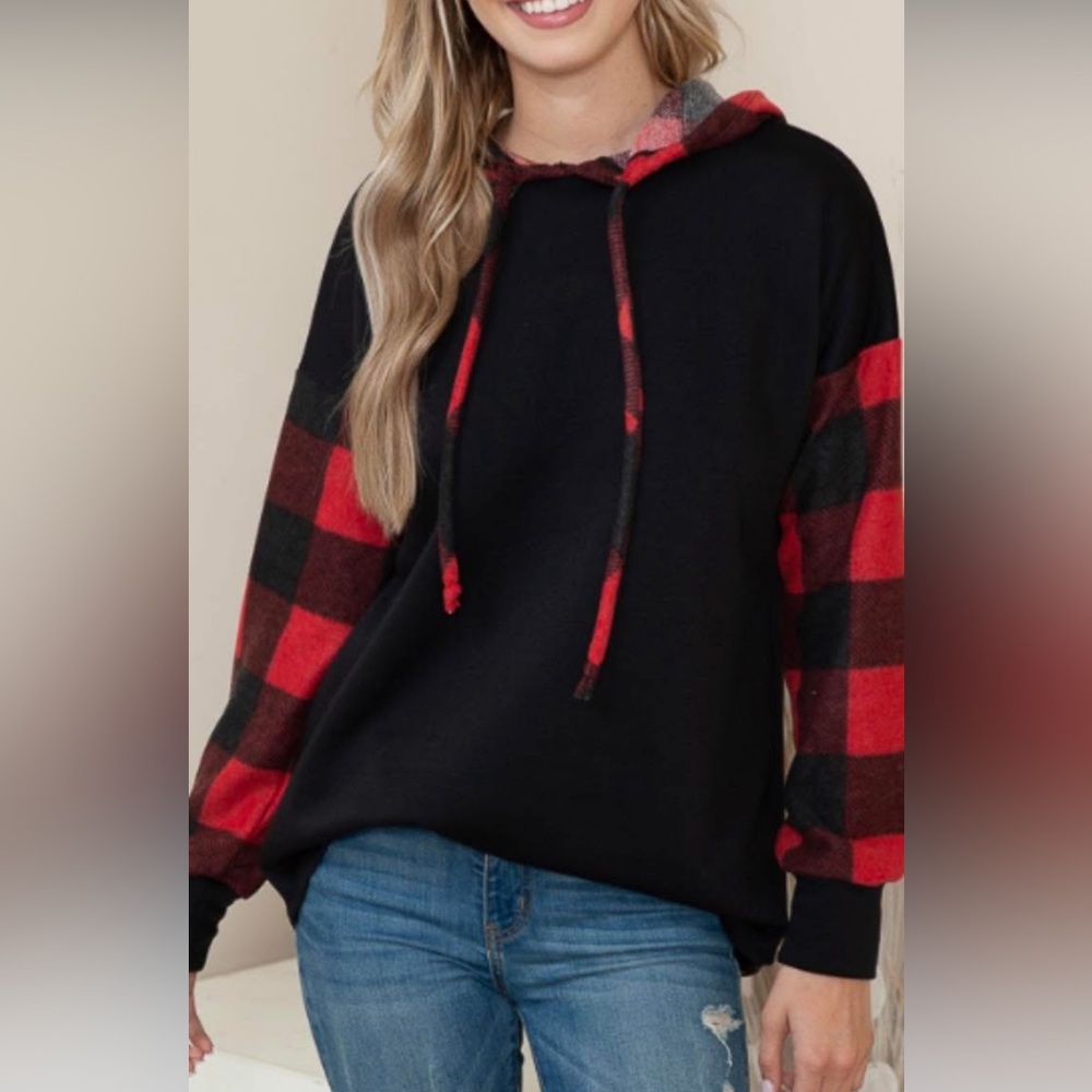 New Magic Fit Black Hoodie with Red Plaid Sleeves